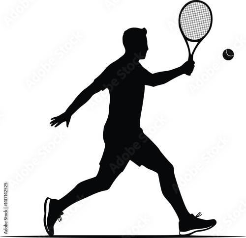 Silhouette of a tennis player executing a powerful forehand shot, capturing motion, precision, and athleticism in a minimalist style