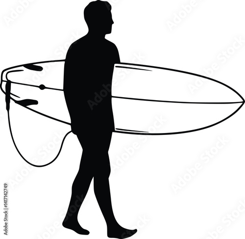 Silhouette of a surfer walking with a surfboard, featuring a trailing leash and dynamic motion in a minimalist style