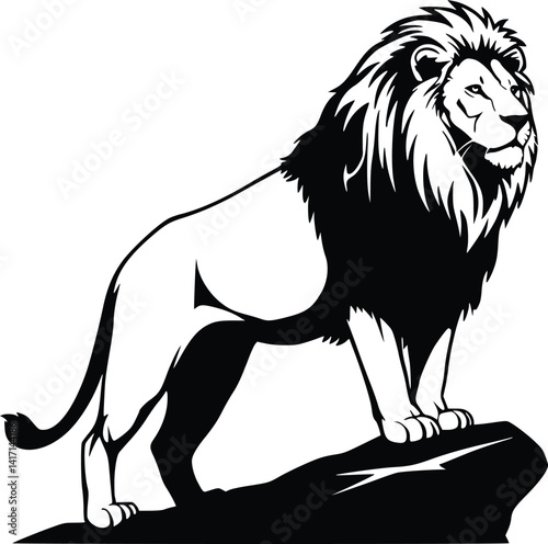 Silhouette of a majestic lion standing atop a rugged rock, symbolizing strength and leadership