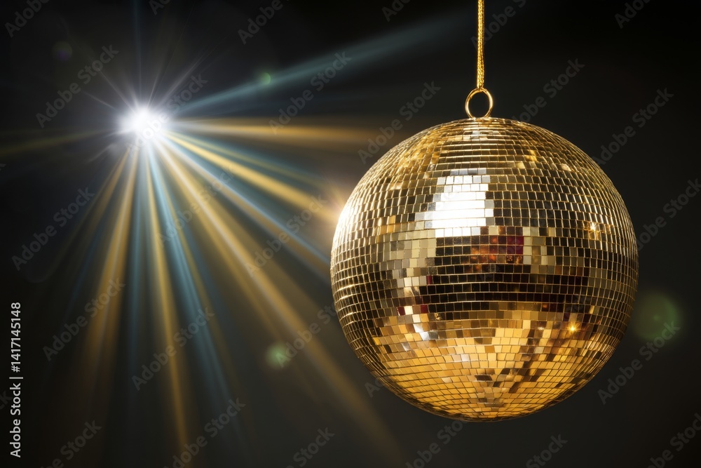 Obraz premium Disco Ball Reflects Light Beams in Dark Room, Creating a Festive Atmosphere.