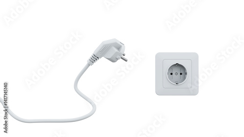 White electric plug with a cable and socket. Minimal style. Isolated on transparent background. 3d illustration
