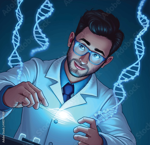 A scientist examines glowing blue DNA strands in a lab, showcasing advanced research techniques. His focused expression highlights the importance of genetic study in modern science.