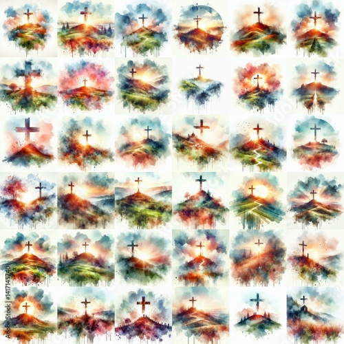 Watercolor paint Cross on a Hill – Christian Hope and Resurrection Concept. AI generated illustration