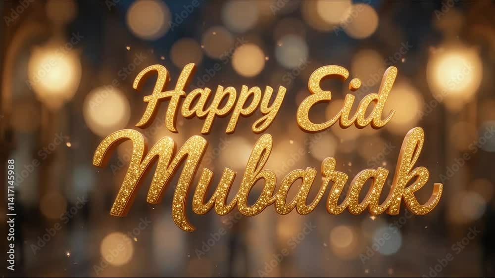 Cursive gold animation of Happy EID Mubarak, soft-focus night lights background Cursive gold animation of Happy EID Mubarak, soft-focus night lights background