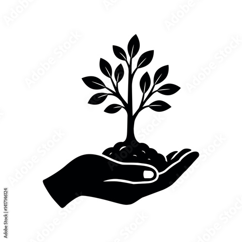 Hand holding small tree icon with soil and growth symbol