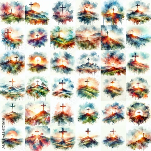 Watercolor paint Cross on a Hill – Christian Hope and Resurrection Concept. AI generated illustration