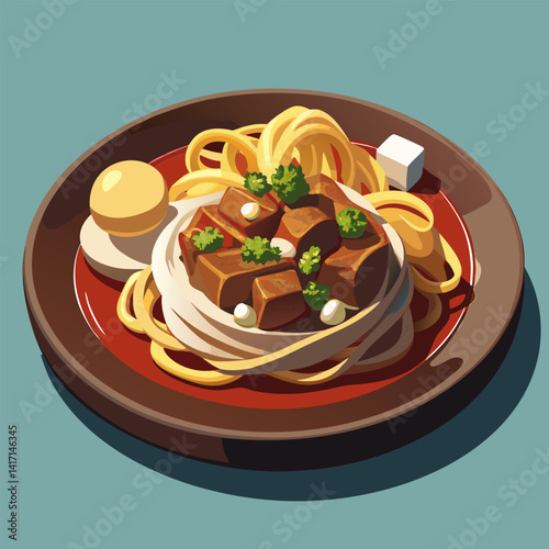 Beef Stew with Noodles and Egg . A Delicious and Comforting Meal