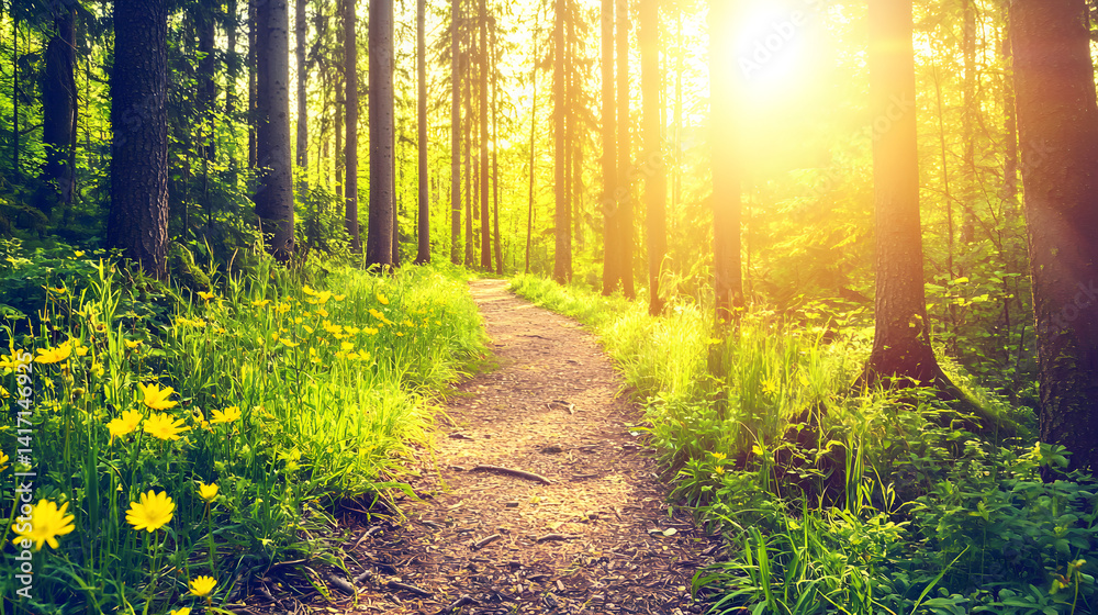 Obraz premium path lined with vibrant wildflowers and towering oaks in soft morning light 