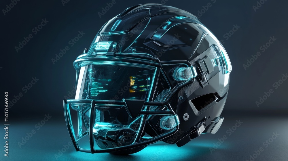 A futuristic high-tech football helmet with holographic HUD display A futuristic high-tech football helmet with holographic HUD display