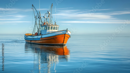 Seafaring Silhouette: A striking fishing boat sails across a tranquil expanse of the sea, the vessel's vibrant colors and meticulous design set against the clear, open sky. photo