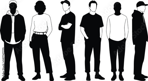 Silhouette set of six distinct individuals standing in varied poses, wearing different clothing styles to showcase diversity