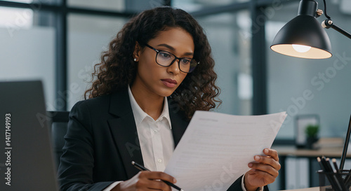 Focused Female Executive Analyzing Paperwork in Modern Corporate Workspace