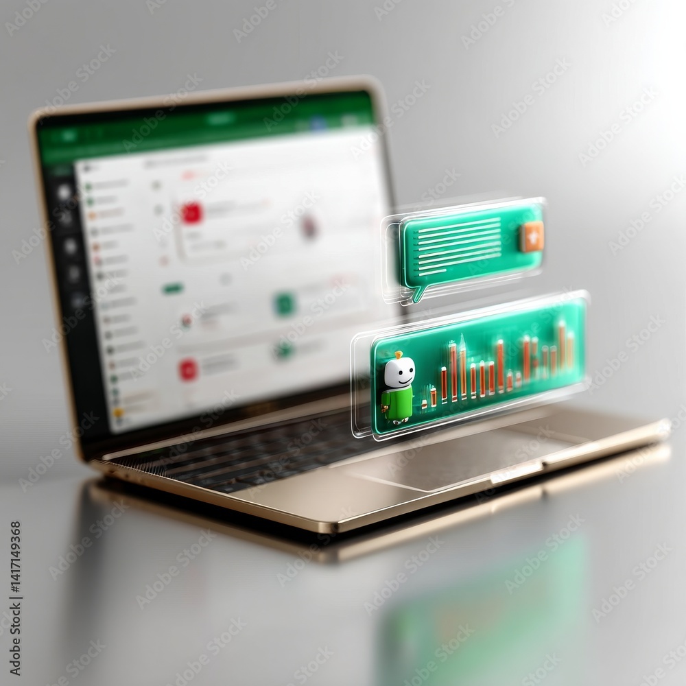 AI-Powered Business Insights: Laptop Displaying Chatbot, Analytics, and Communication Interface for Enhanced Decision-Making