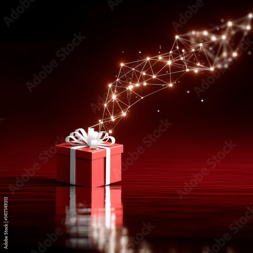 Obraz na płótnie A Gift of Innovation: Red Present with Glowing Network Emerging on Dark Red Background. w salonie