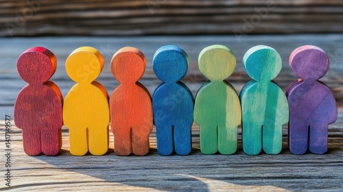 Colorful wooden figures standing in a row on a wooden surface.