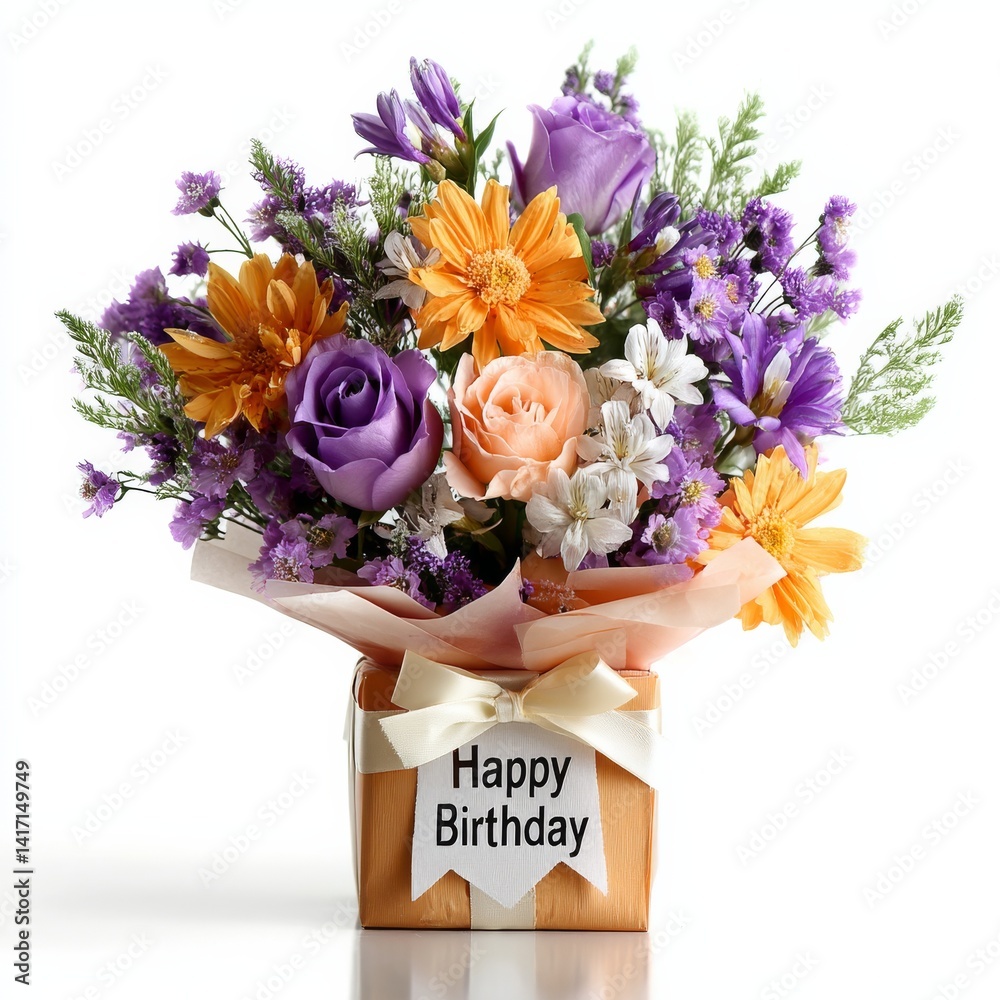 A vibrant birthday bouquet featuring roses, daisies, and delicate purple blossoms, a thoughtful and beautiful present.
