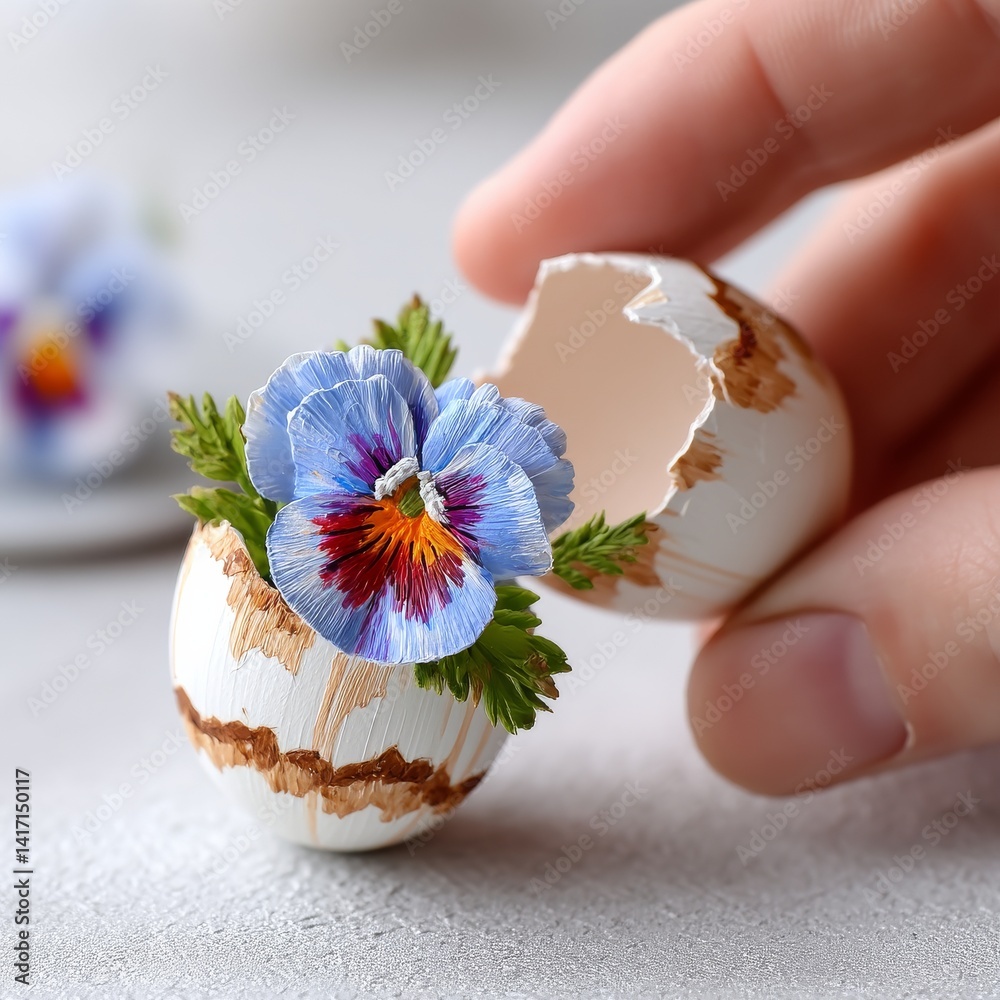Delicate Pansy Nestled in a Painted Eggshell: A Miniature Spring Scene with Artistic Flair and a Human Touch.