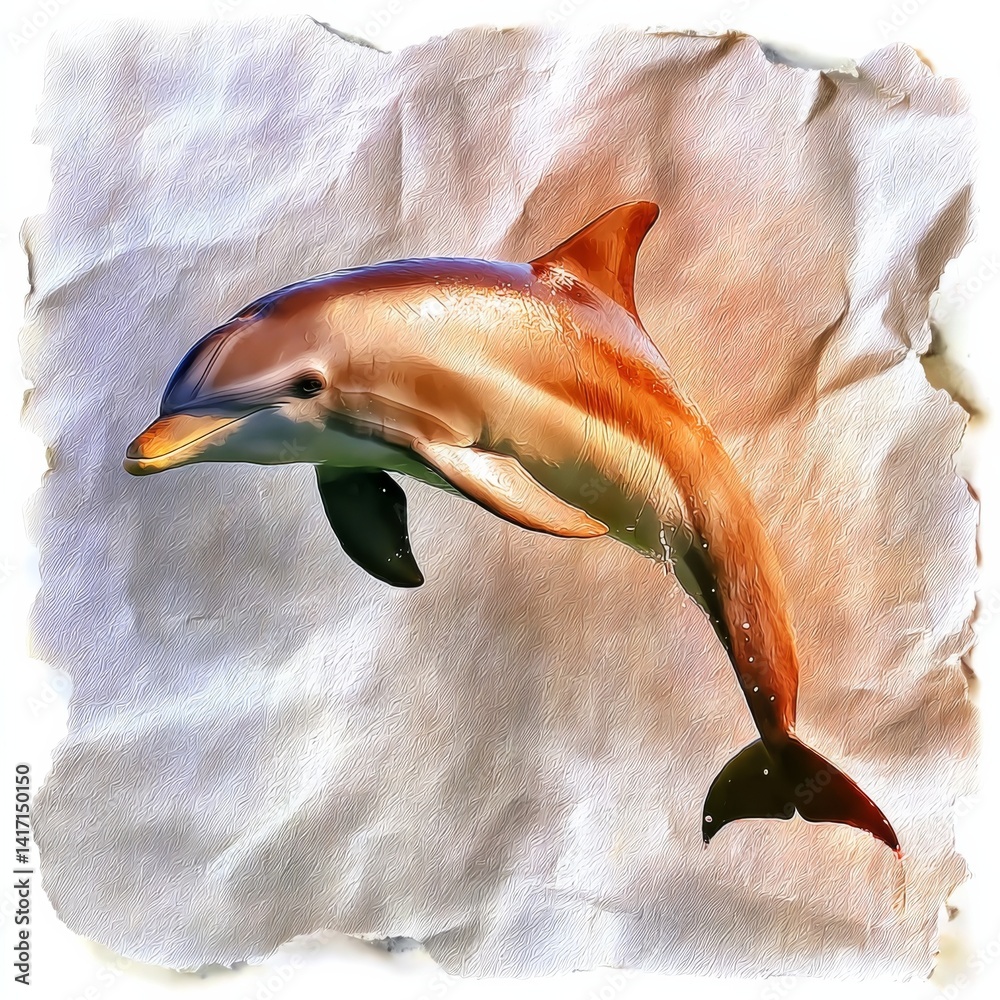 Dolphin Leaping from Textured Paper Canvas: A Study in Artistic Marine Life and Creative Presentation