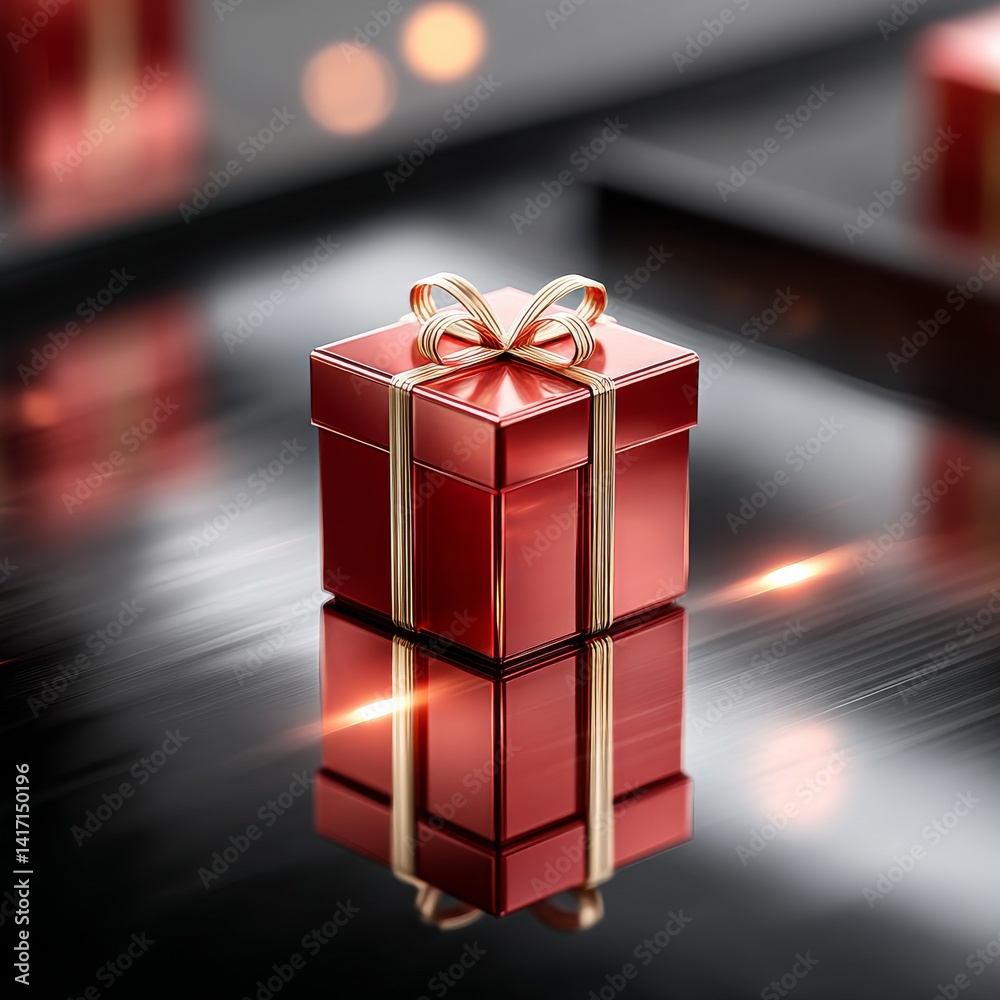 Elegant Red Gift: A Reflective Present with Golden Ribbon on a Dark Surface, Ideal for Celebrations and Special Occasions