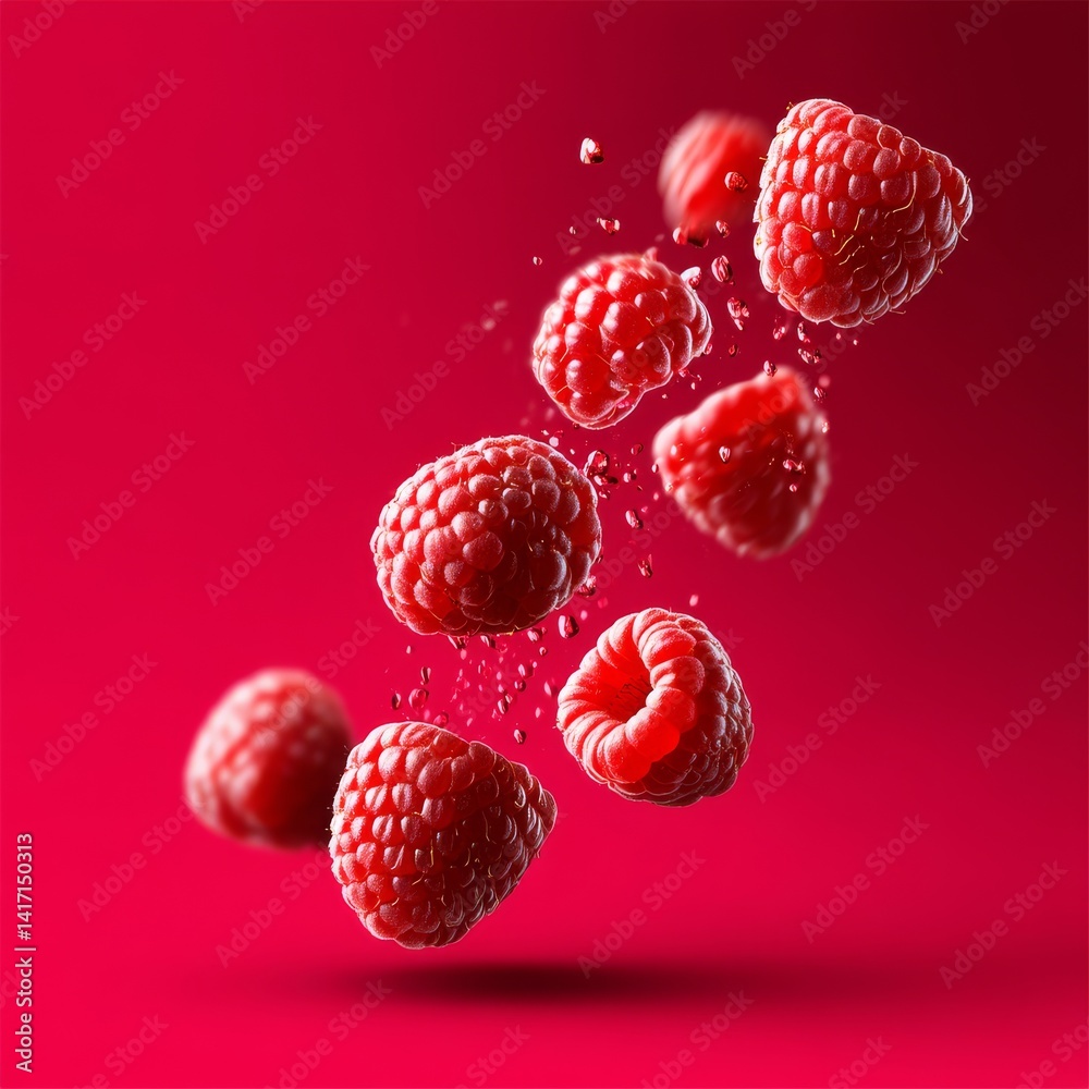Falling Raspberries with Water Droplets: A Vibrant Display of Freshness Against a Bold Red Backdrop