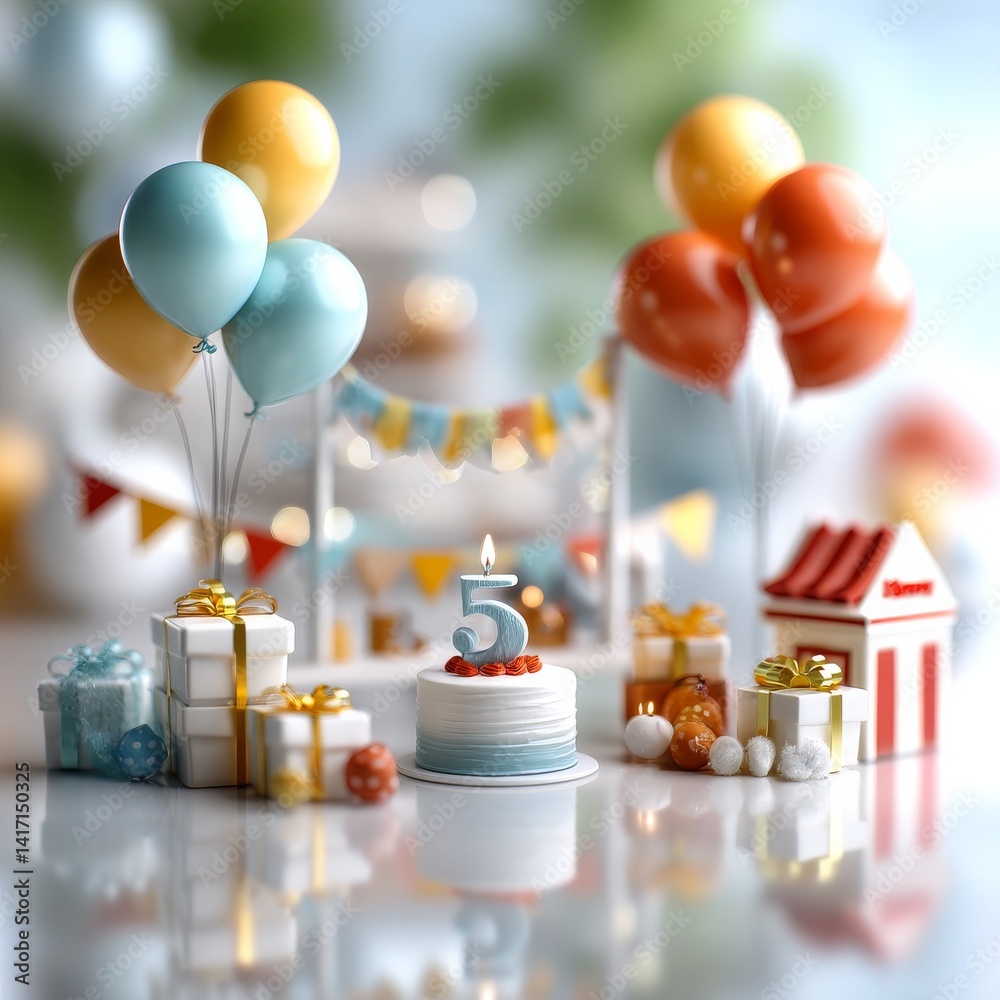 Fifth Birthday Celebration: Festive Scene with Cake, Balloons, and Gifts for a Cheerful Occasion