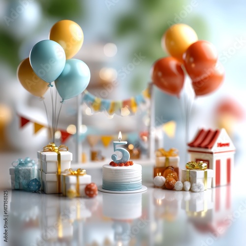 Fifth Birthday Celebration: Festive Scene with Cake, Balloons, and Gifts for a Cheerful Occasion