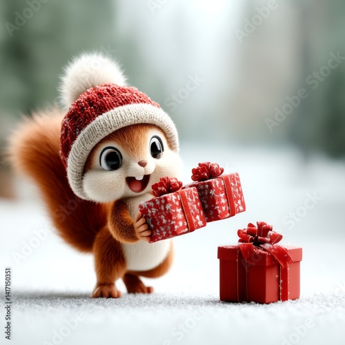 Festive Squirrel: A Cheerful Woodland Creature Bearing Holiday Gifts in a Winter Wonderland