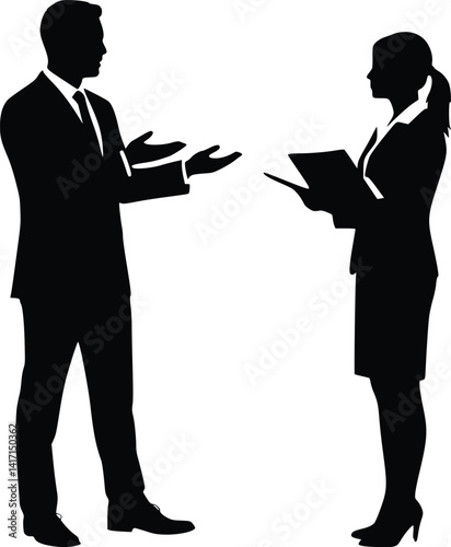 Silhouette of a professional man and woman engaged in discussion, with one gesturing and the other holding a folder