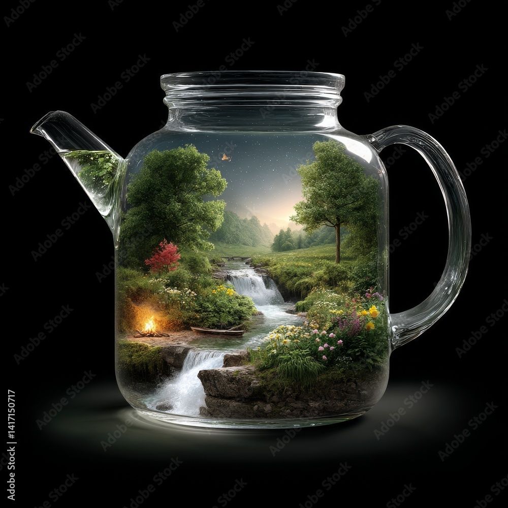 Nature's Brew: A Miniature Landscape Captured Within a Glass Teapot, Showcasing Tranquility and Dreamlike Scenery