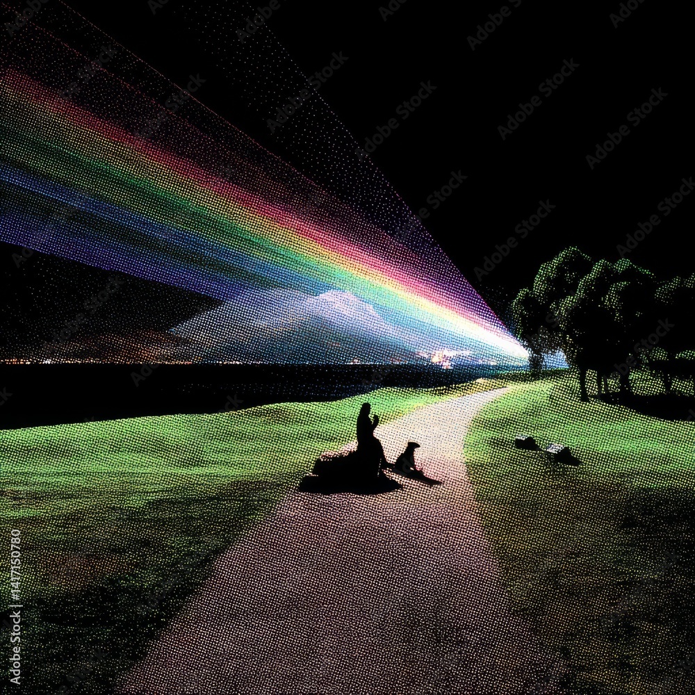 Night Spectacle: Silhouette of a Person and a Dog Watching a Rainbow Laser Display over the Landscape.