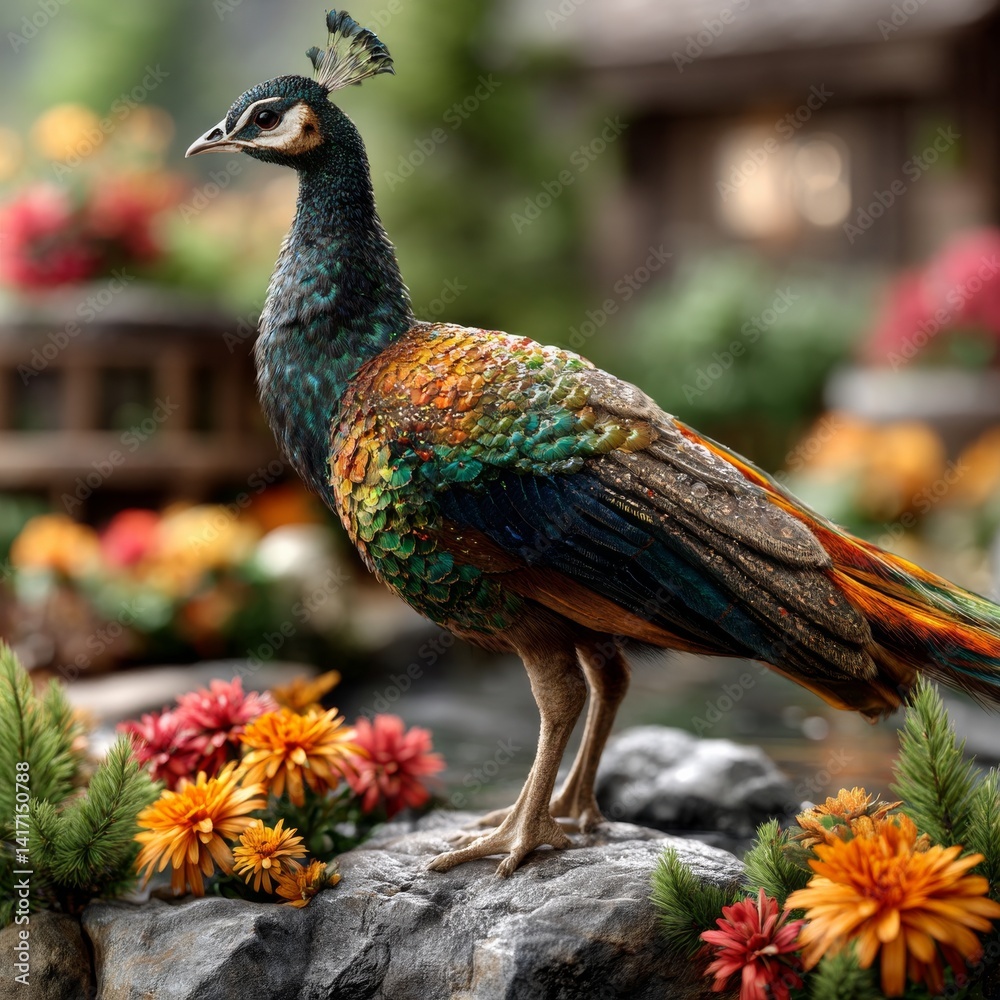 Peacock Perched Amidst Floral Beauty: A Vibrant Display of Nature's Palette in a Tranquil Setting.
