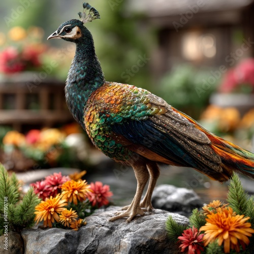 Obraz na płótnie Peacock Perched Amidst Floral Beauty: A Vibrant Display of Nature's Palette in a Tranquil Setting. w salonie