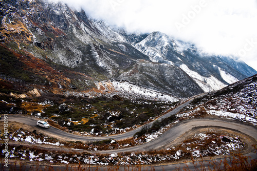 Beautiful panoramic view of hilly road way to zero point, North Sikkim. Beautiful tourist spot in Northeast India 