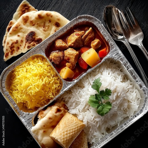 Takeout Indian Meal with Chicken Curry, Rice, and Naan Bread in a Foil Container on Dark Background