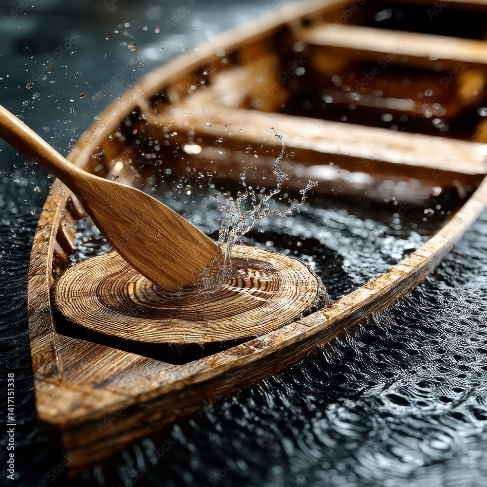 Wooden Boat Paddle Stroke Causing Splashes: Serene Water Surface, Boat on Water, Detailed Woodwork and Textures