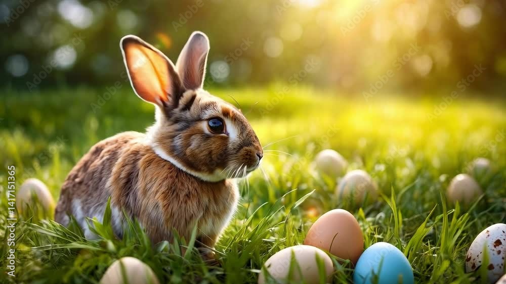 A rabbit sitting in the grass next to a bunch of eggs