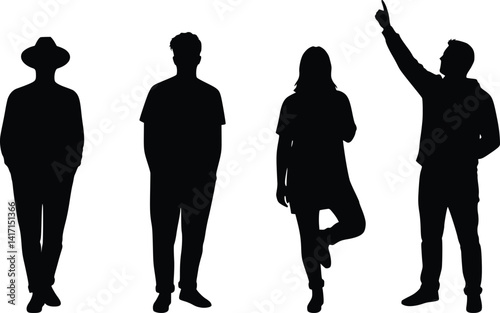 Silhouettes of four individuals in distinct poses, emphasizing posture, movement, and personality