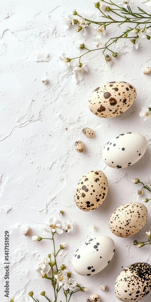 Fototapeta premium Holidays White Background. Easter Quail Eggs and Spring Flowers. Springtime Celebration Concept with Copy Space