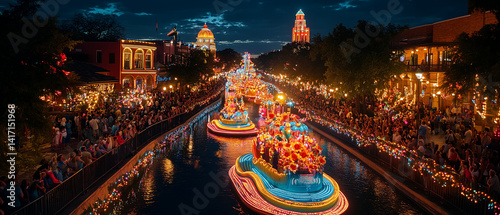 A grand night parade during Fiesta San Antonio. Illuminated floats glide under a moonlit sky, crowds singing and dancing with glowing flower crowns and face paint. 