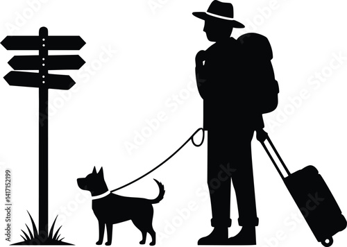 Silhouette of a traveler with a backpack and suitcase, accompanied by a dog, standing near a signpost with multiple directional arrows