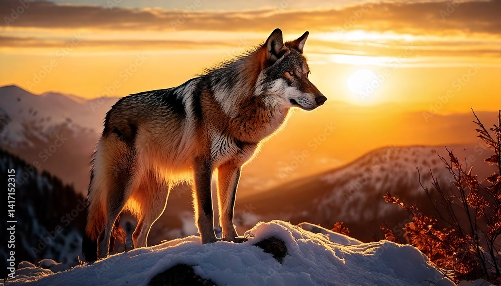 Fototapeta premium Majestic Wolf at Sunset A Breathtaking Mountaintop Scene