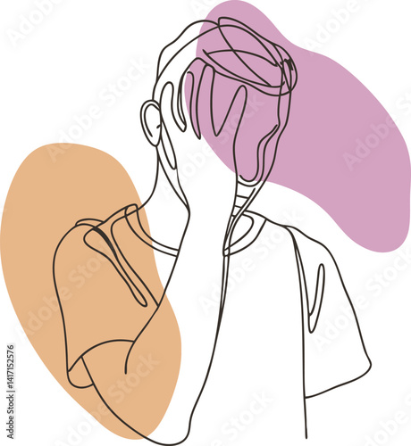 continuous line art vector illustration of sad expression boy