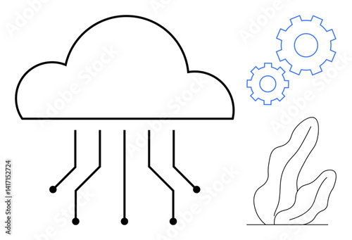 Cloud connected by lines symbolizing networking, two gears representing technological processes, and a minimalist plant. Ideal for technology, data, innovation, cloud storage, system management