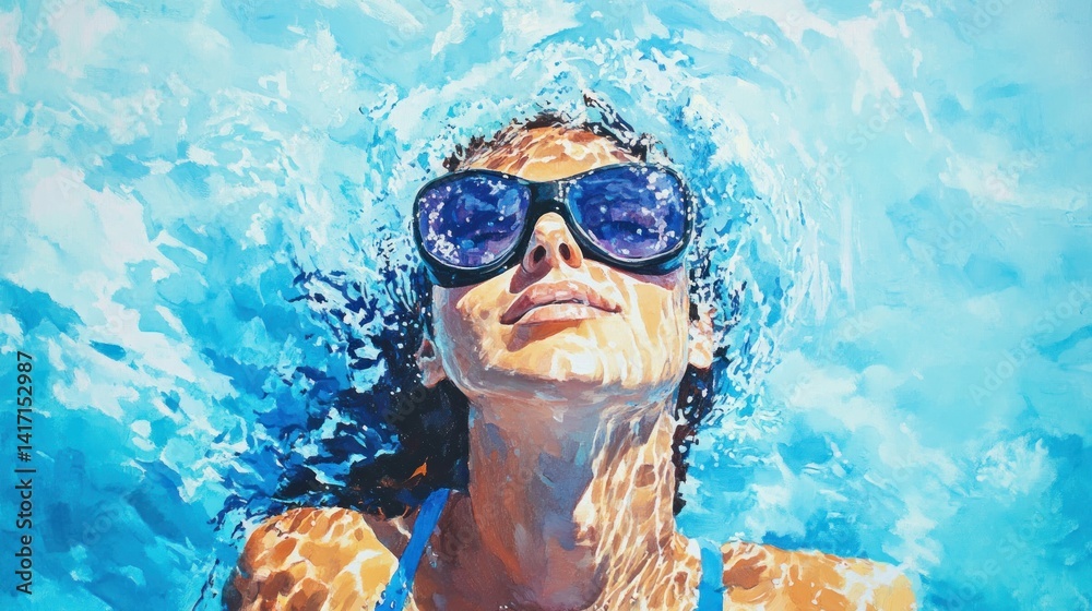 Naklejka premium Woman with sunglasses submerged in a swimming pool, sunlight reflecting on her face and body.