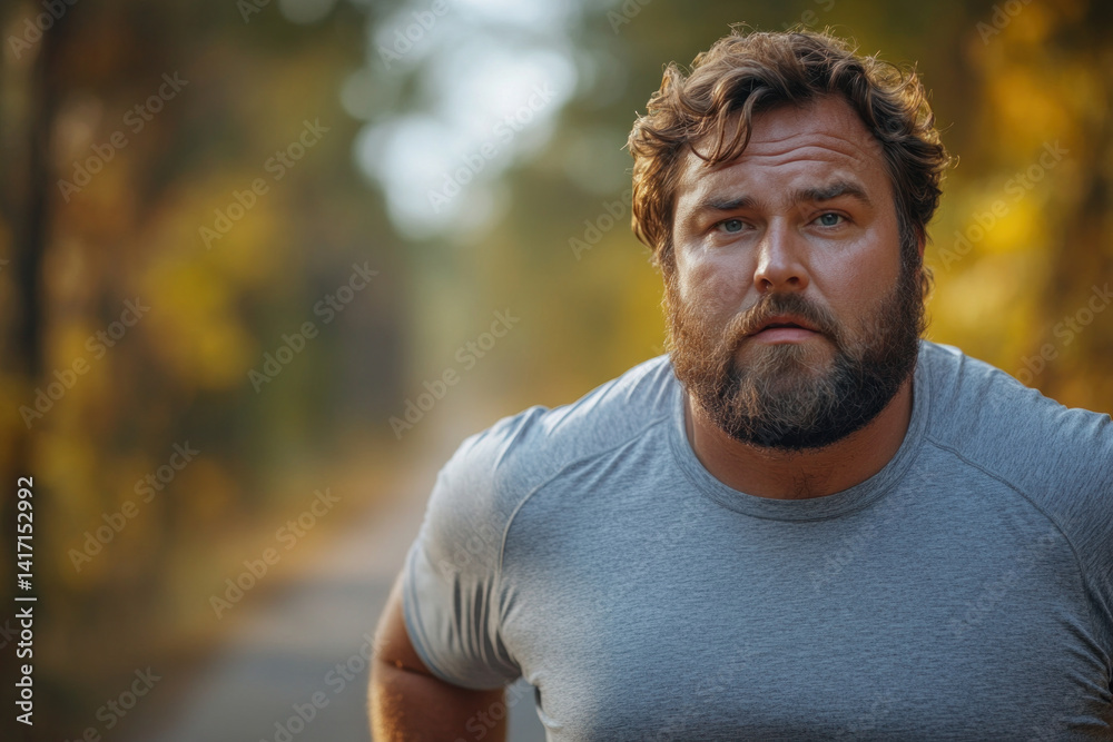 Obraz premium Bearded man jogging outdoors in autumn forest wearing a gray sports shirt