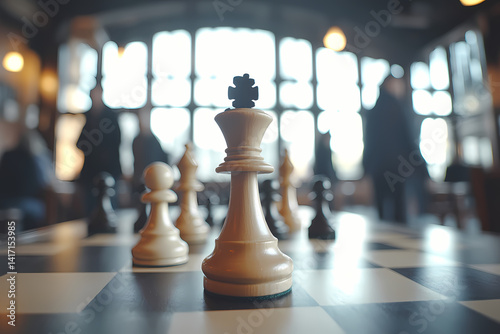 Chess Strategy: A focused shot of a chessboard set with pieces, particularly the king, hinting at a strategy game played to victory. with a blurred background