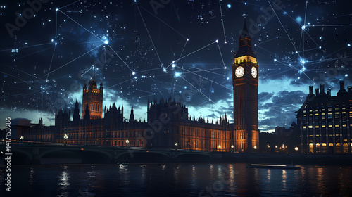 London's Digital Silhouette: A stunning depiction of London's iconic architecture, digitally enhanced with a network overlay, highlighting the city's vibrant energy, technological integration.