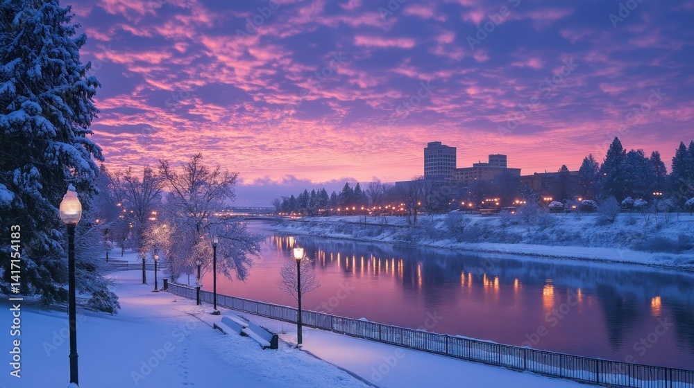 Fototapeta premium Snowy city sunrise reflected in calm river.