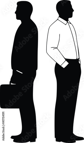 Black and white silhouettes of two professionals standing back-to-back, one holding a briefcase, symbolizing contrast in work styles and business dynamics