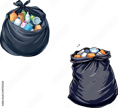 Vsai two black plastic garbage bags overflowing with trash and tied up
